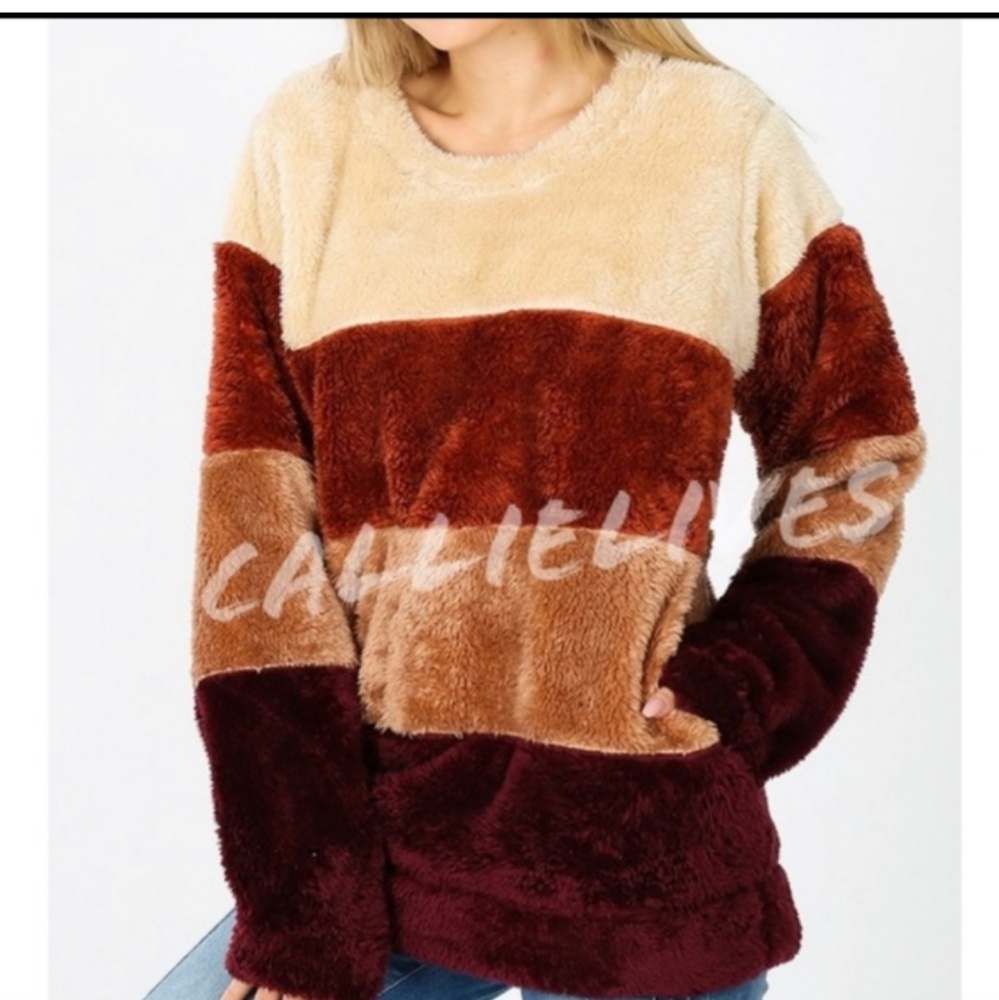 NWT Callie Lives Faux Fur Stripe Color Block Teddy Bear Sweater Size 1X